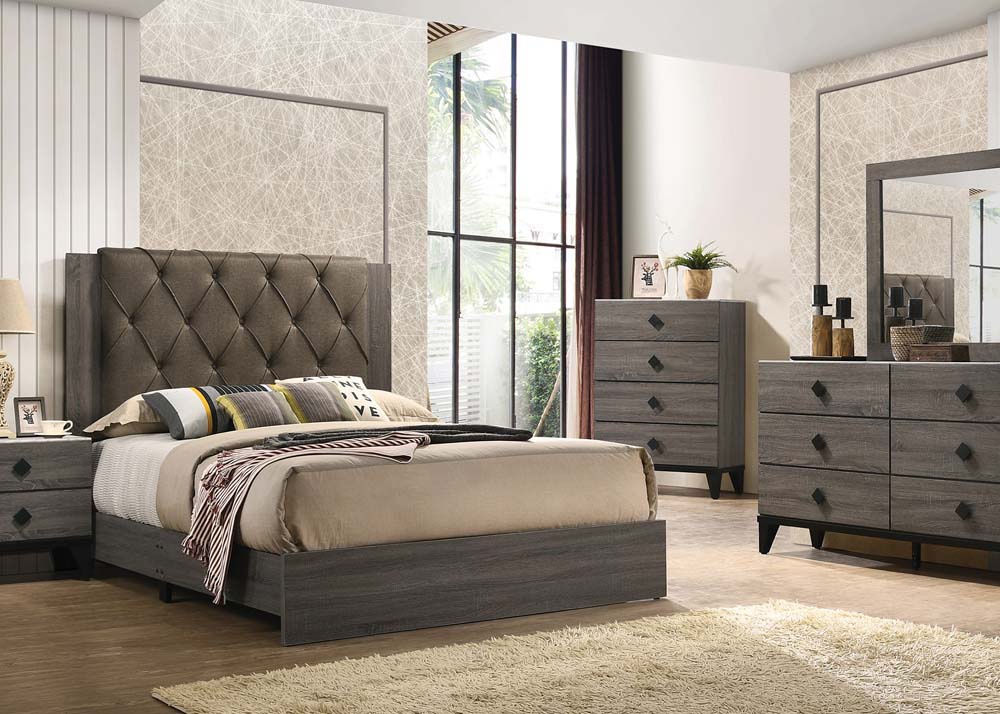 Avantika EK Bed in Fabric & Rustic Gray Oak