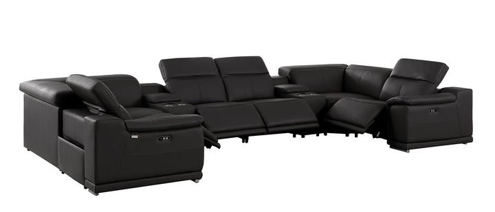 DivanItalia 9762 8-Piece U Shaped Top Grain Italian Leather Sectional Sofa with 4 Power Recliners – with Console - Black