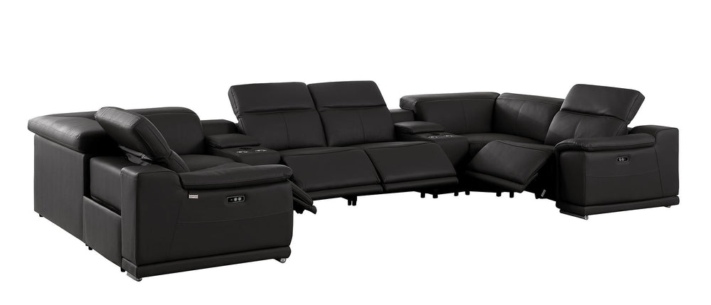 DivanItalia 9762 8-Piece U Shaped Top Grain Italian Leather Sectional Sofa with 4 Power Recliners – with Console - Black
