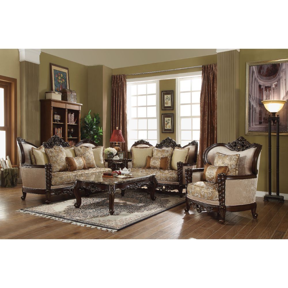 Devayne - Sofa With 6 Pillows Same Lv01582) - Pattern Fabric & Dark Walnut