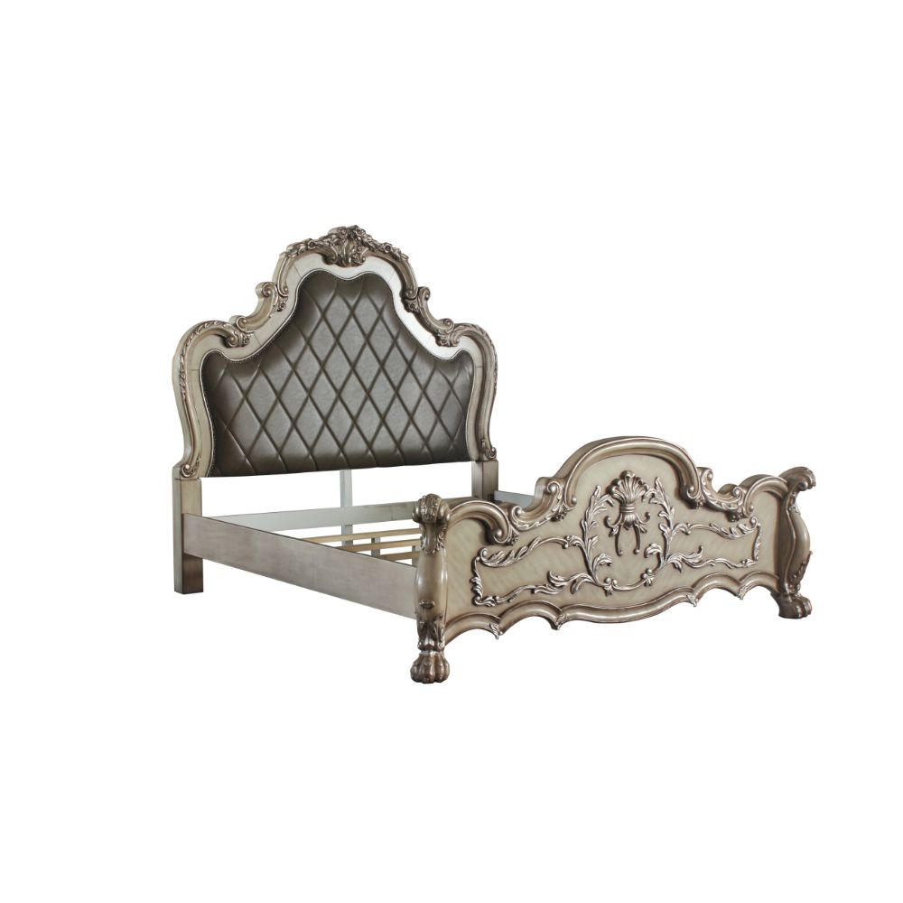 Dresden Queen Bed in Leatherette & Vintage Bone White