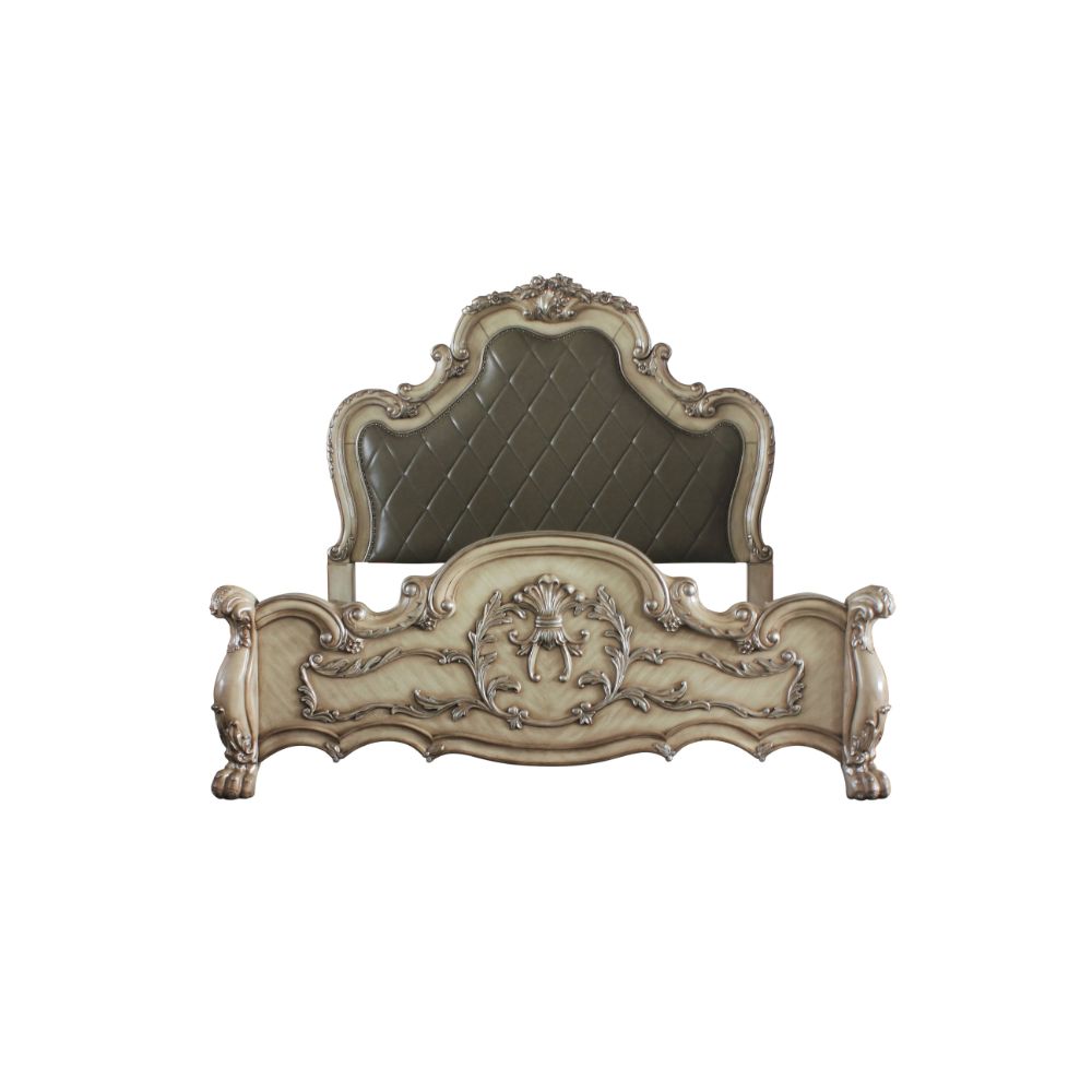 Dresden Queen Bed in Leatherette & Vintage Bone White