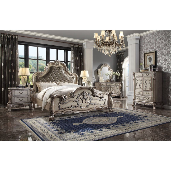 Dresden Queen Bed in Leatherette &amp; Vintage Bone White