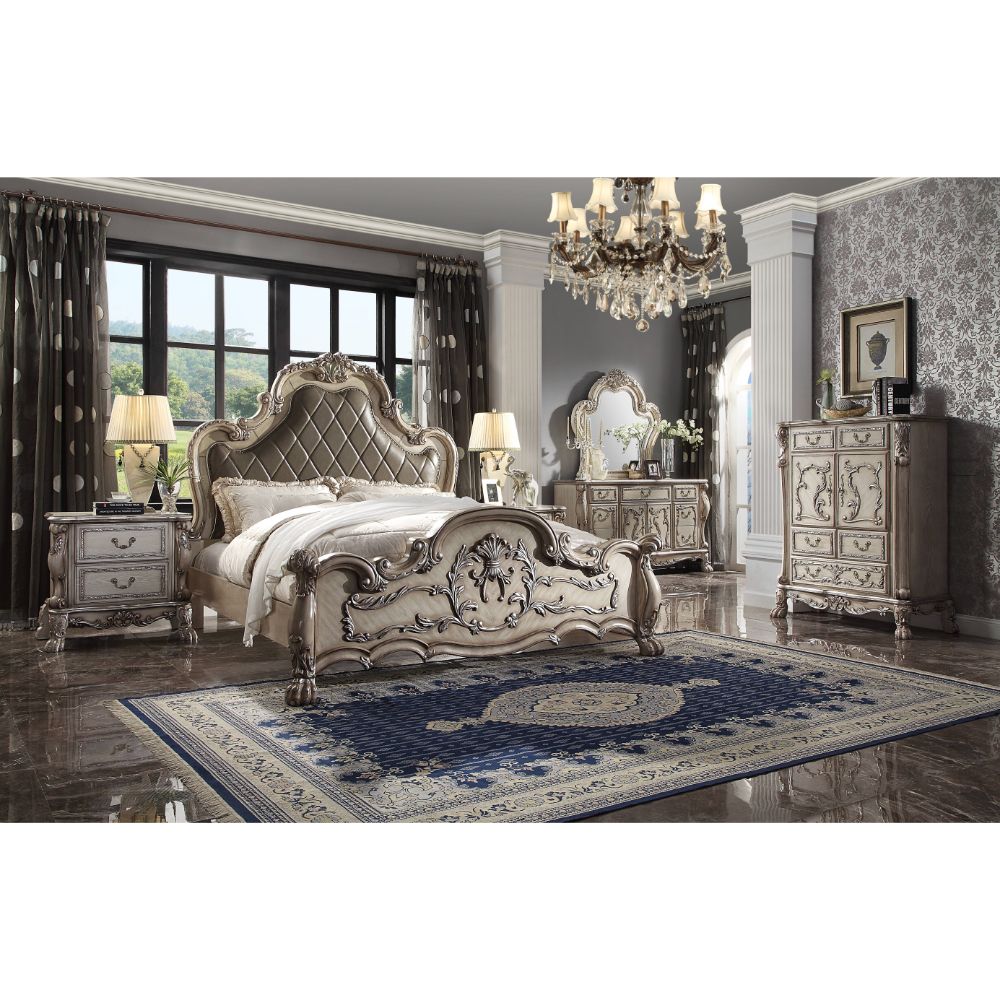 Dresden Queen Bed in Leatherette & Vintage Bone White