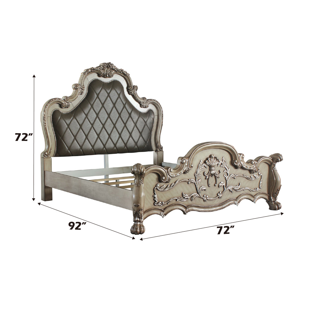 Dresden Queen Bed in Leatherette & Vintage Bone White - dimensions