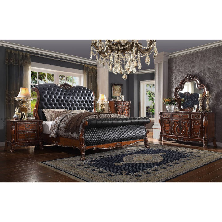 Dresden Queen Bed in Leatherette &amp; Cherry Oak