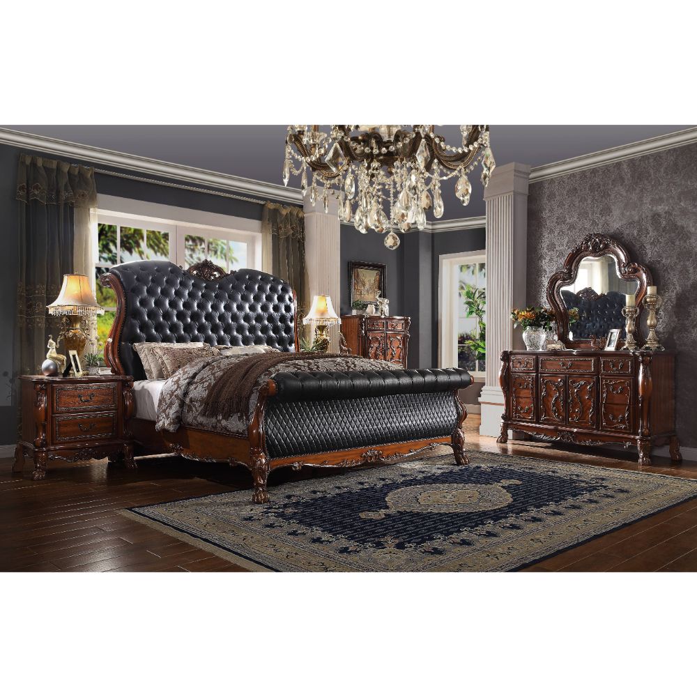 Dresden Queen Bed in Leatherette & Cherry Oak