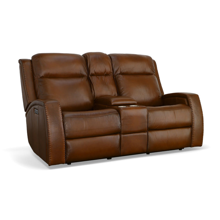 Mustang Leather Power Loveseat with Console with Power Headrest in Rust