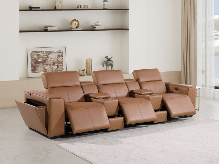 DivanItalia 1224 5-Piece Modular Power Reclining Sofa in Top Grain Italian Leather with 3 Power Recliners &amp; Power Headrests - Cognac
