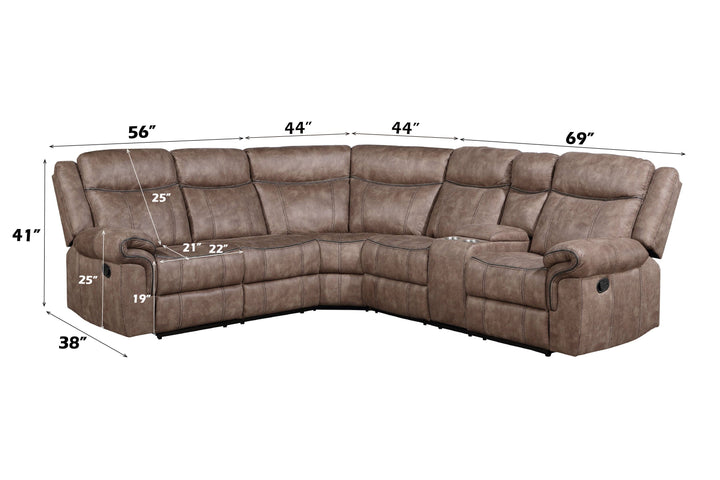 Dollum - Two Tone Nubuck Manual Recliner Sectional Sofa With USB Port Cupholder Console - Chocolate