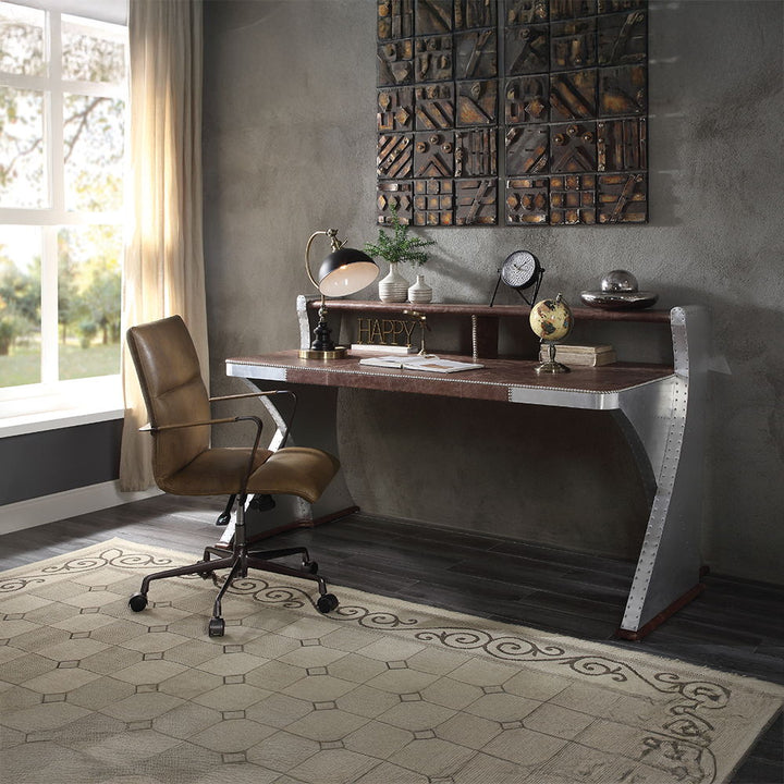 Brancaster - Executive Writing Desk - Retro Brown Top Grain Leather & Aluminum
