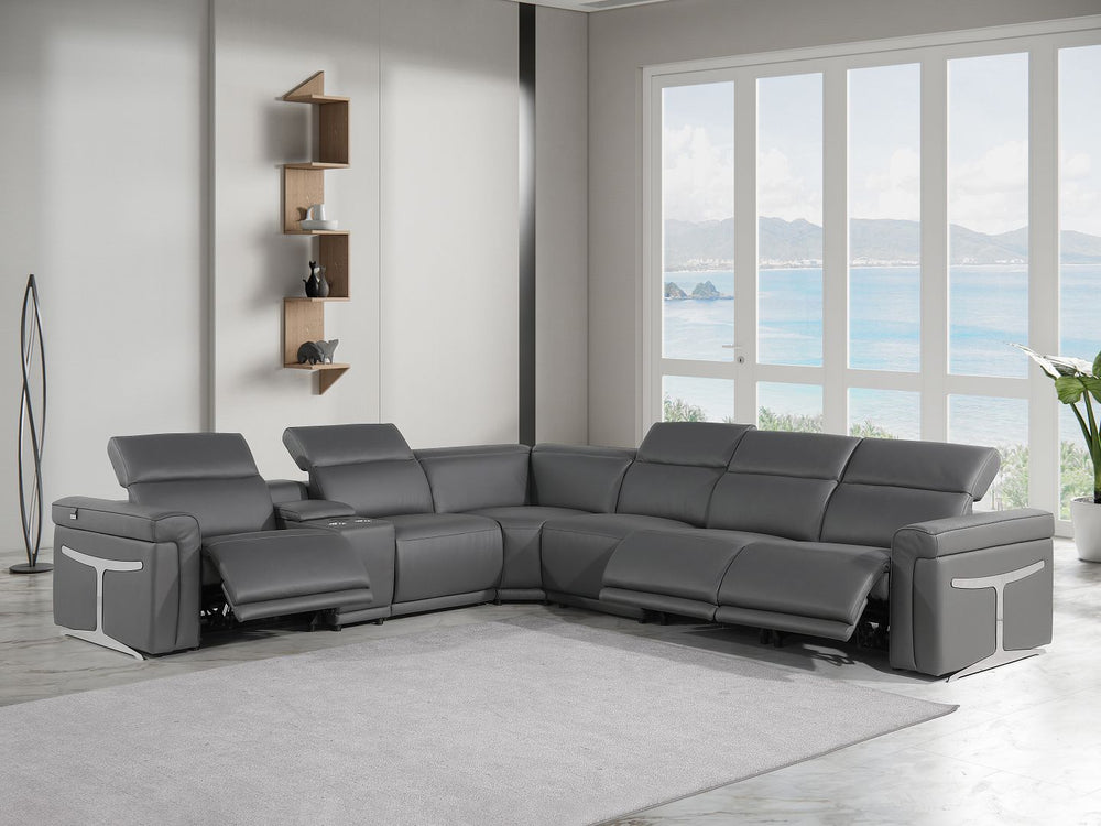 DivanItalia 1126 7-Piece L-Shaped Sectional Sofa in Top Grain Italian Leather with 3 Power Recliners & Power Headrests - Dark Gray