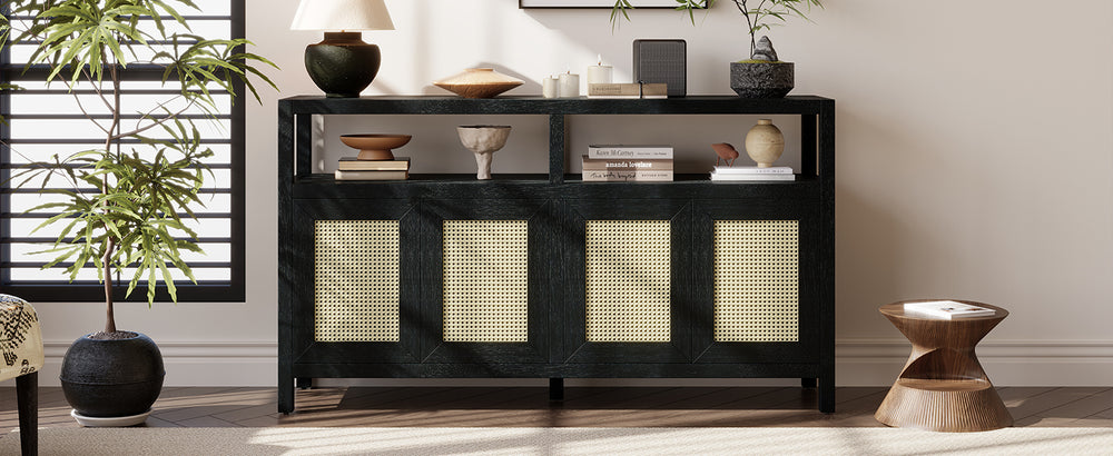 bohemian-style-rattan-sideboard-or-buffet-storage-cabinet-with-solid-wood-frame-black