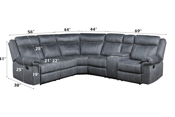 Dollum - Two Tone Nubuck Manual Recliner Sectional Sofa With USB Port Cupholder Console - Gray
