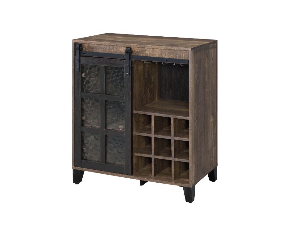 ACME Furniture Treju Wine Cabinet Obscure Glass, Rustic Oak & Black