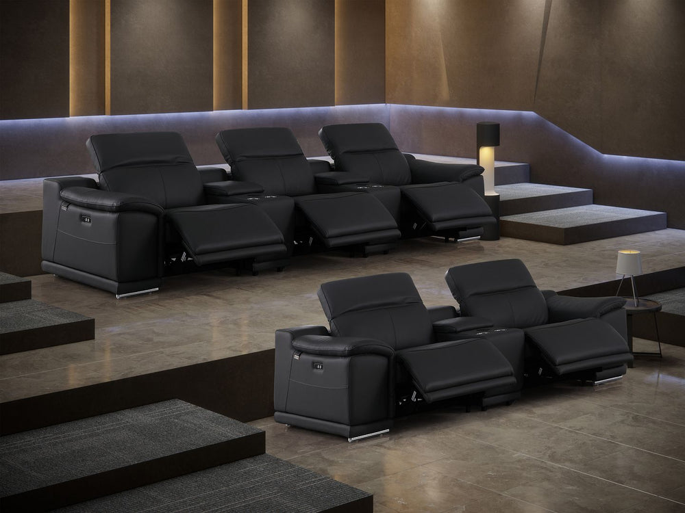 DivanItalia 9762 8-Piece Modular Power Reclining Sofa and Console Loveseat Set with Top Grain Italian Leather - Black