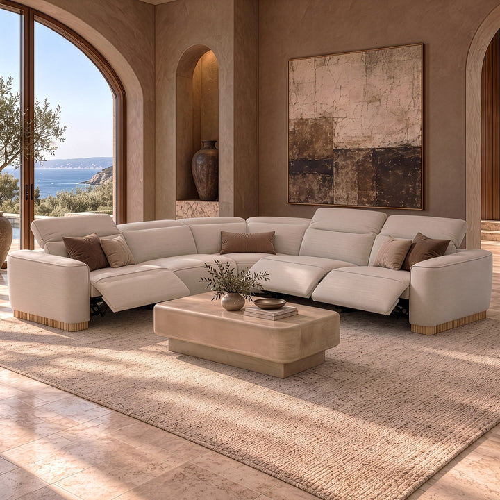 Aris - Modern Beige Fabric Sectional Sofa with 3 Power Recliners &amp; Headrests