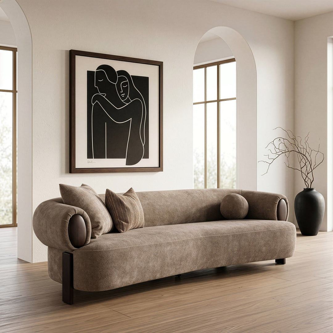 Arnaud - Modern Tan Fabric + Brown Oak Sofa