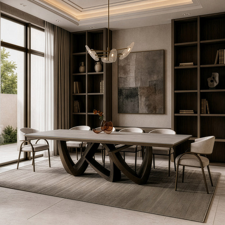 Dollemore - Modern Faux Travertine Ceramic + Antique Brass Dining Table