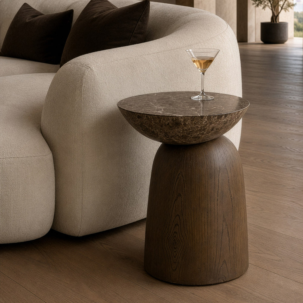 Lenin - Modern Faux Marble + Wood Texture Concrete End Table