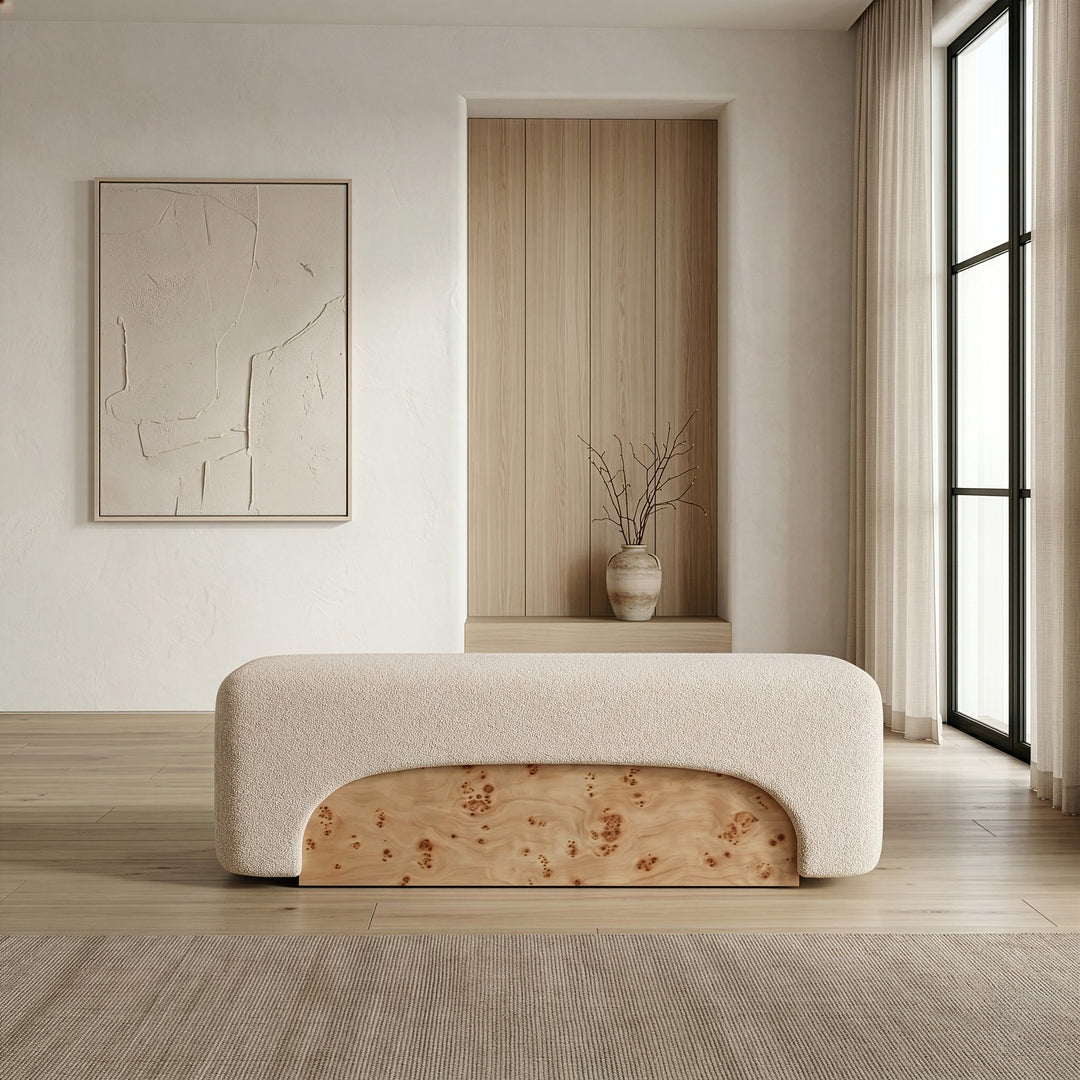 Mayfair - Contemporary Beige Fabric + Burl Bench Ottoman