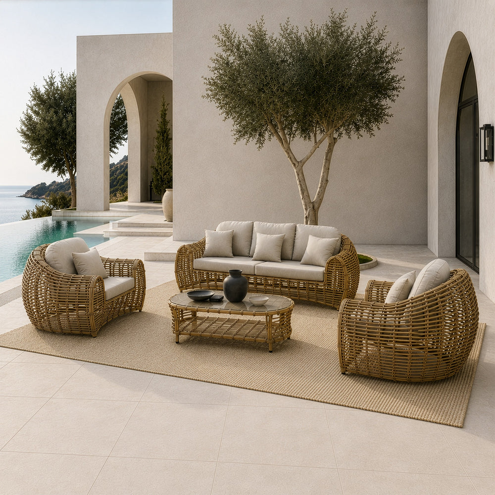 Sandra - Outdoor Beige + Wicker Sofa Set
