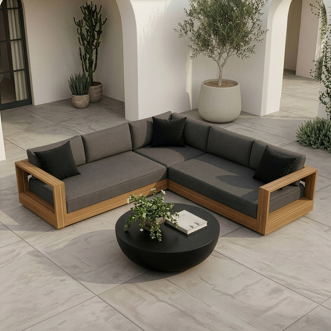 Santorini - Outdoor Grey Olefin Fabric + Natural Teak Sectional Sofa