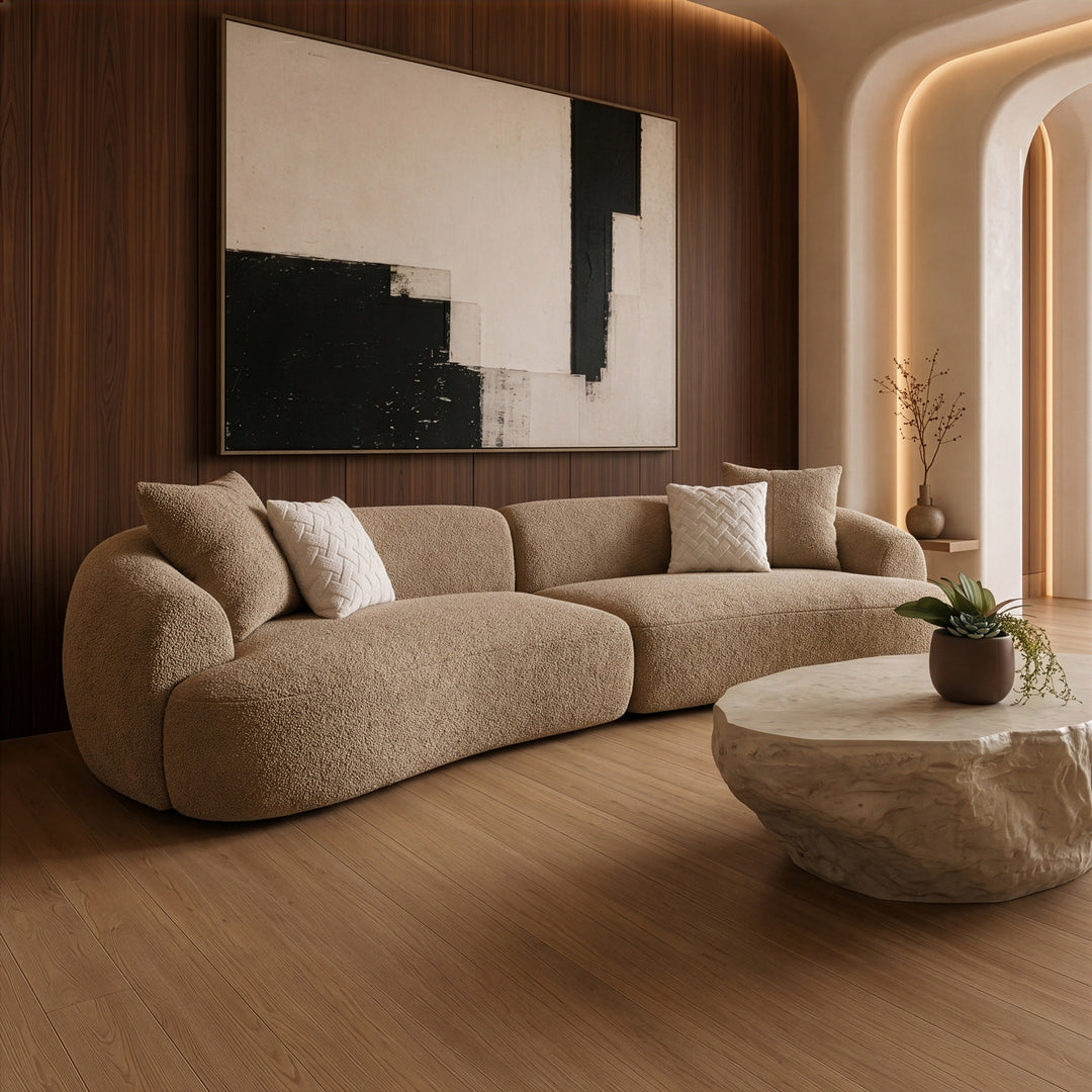 Trevor - Modern Tan Fabric Curved Mini Sectional Sofa