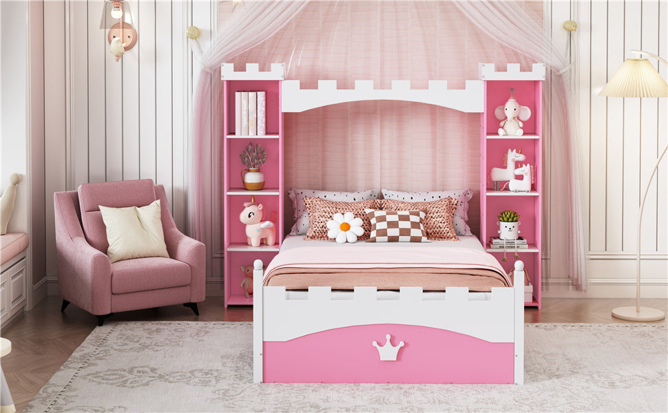 castle-shaped-wooden-twin-bed-with-storage-shelf-pink-white