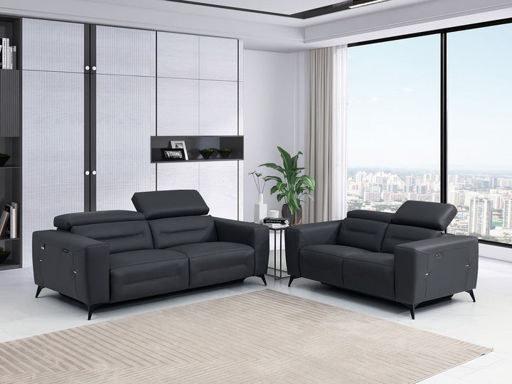 DivanItalia 989 Power Reclining 2-Piece Sofa Set with Power Headrest in Top-Grain Italian Leather - Dark Gray