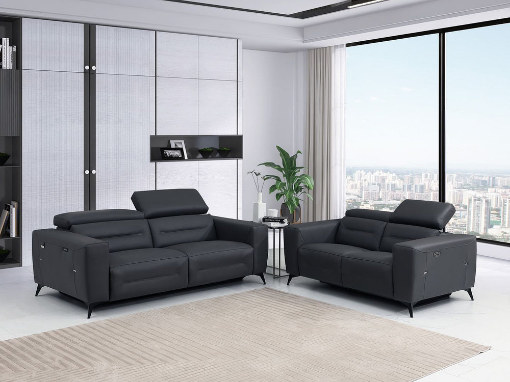 DivanItalia 989 Power Reclining 2-Piece Sofa Set with Power Headrest in Top-Grain Italian Leather - Dark Gray