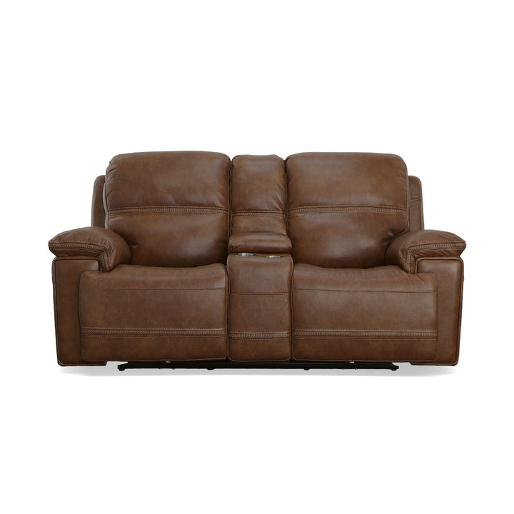 Fenwick Leather Power Reclining Loveseat with Console &amp; Power Headrests in Cognac