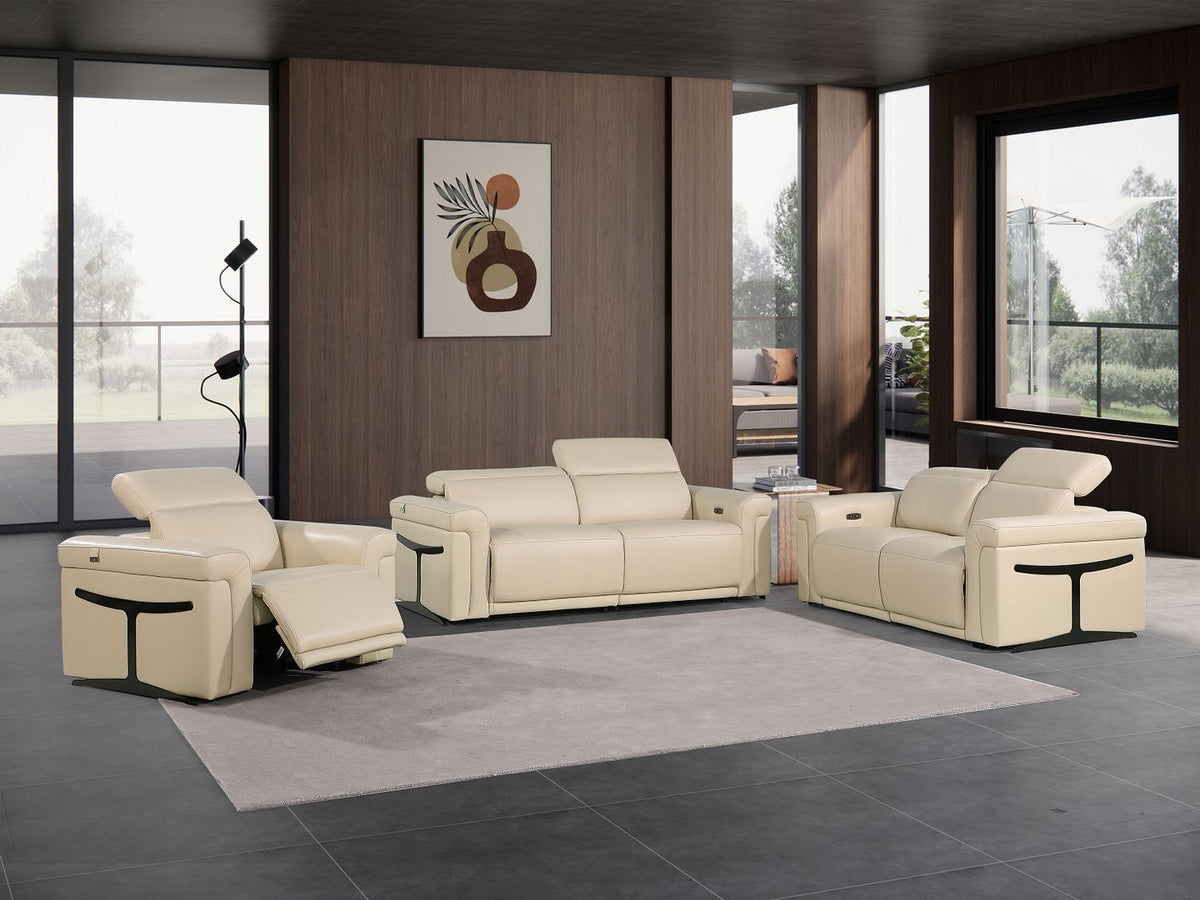 DivanItalia 1126 Power Reclining Sofa, Loveseat & Chair Set in Top Grain Italian Leather with 5 Power Recliners & Power Headrests - Beige