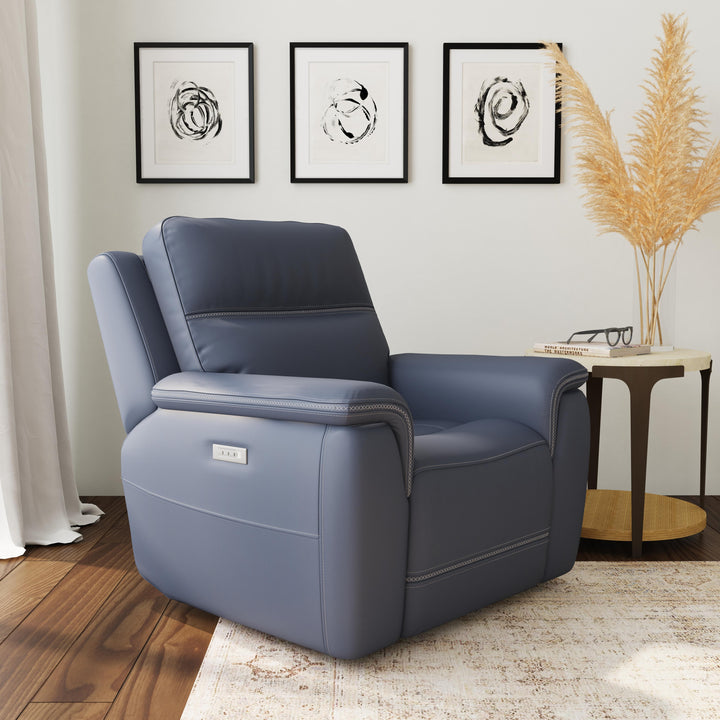 Sawyer Leather Power Recliner with Power Headrest &amp; Lumbar in Marine