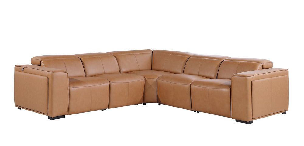 DivanItalia 1224 5-Piece L-Shaped Sectional Sofa in Top Grain Italian Leather with 3 Power Recliners & Power Headrests - Cognac