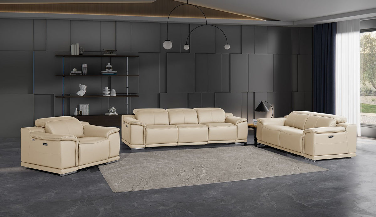 DivanItalia 9762 6-Piece Modular Power Reclining Sofa, Loveseat and Chair Set with 6 Power Recliners in Top Grain Italian Leather - Beige