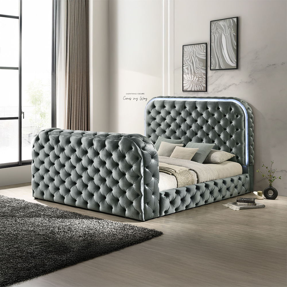 Kana - Eastern King Bed With LED, Fireplace & TV Stand - Gray Upholstery Velvet