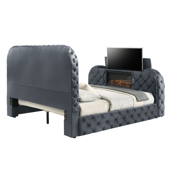 Kana - Queen Bed With LED, Fireplace & TV Stand - Gray Upholstery Velvet