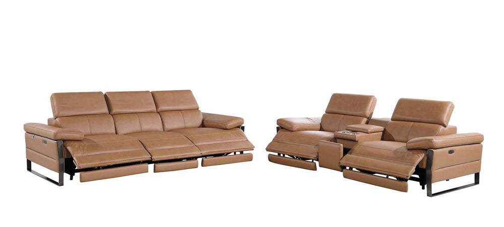 DivanItalia 1246 Modular Power Triple Reclining Sofa and Console Loveseat Set with Power Headrests – Top Grain Italian Leather - Cognac