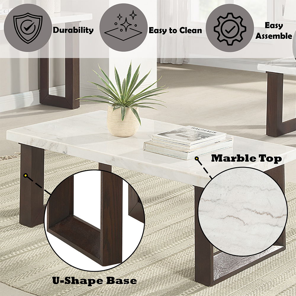 Edwyn - Coffee Table With Marble Top - White Natural Marble Top & Brown