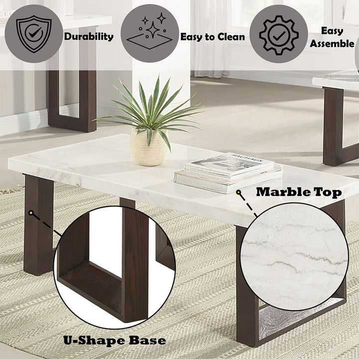 Edwyn - Coffee Table With Marble Top - White Natural Marble Top & Brown
