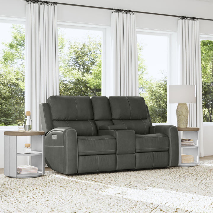 Linden Leather Power Reclining Loveseat with Console &amp; Power Headrests &amp; Lumbar in Charcoal