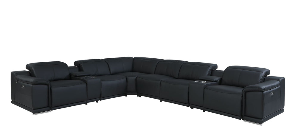 DivanItalia 9762 8-Piece L Shaped Top Grain Italian Leather Sectional Sofa with 4 Power Recliners - Black