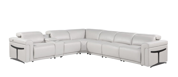 DivanItalia 1126 7-Piece L-Shaped Sectional Sofa in Top Grain Italian Leather with 4 Power Recliners &amp; Power Headrests - Light Gray