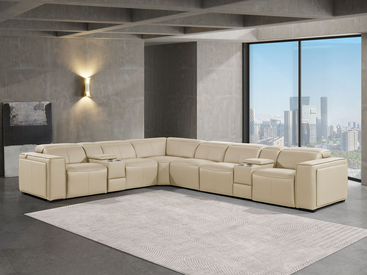 DivanItalia 1224 8-Piece L-Shaped Sectional Sofa in Top Grain Italian Leather with 3 Power Recliners & Power Headrests - Beige