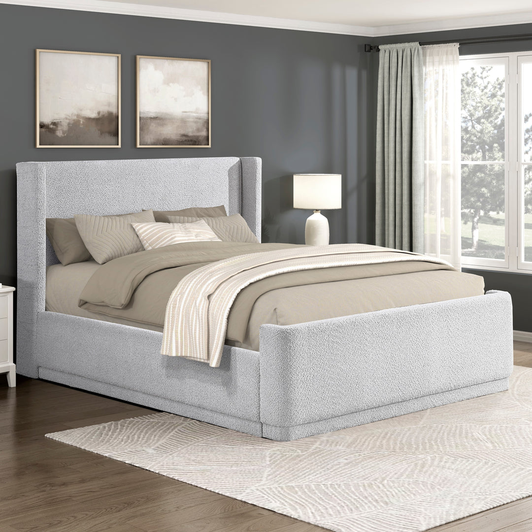 Light Gray Queen Platform Bed with Wingback Headboard – Upholstered, Durable Plywood Frame