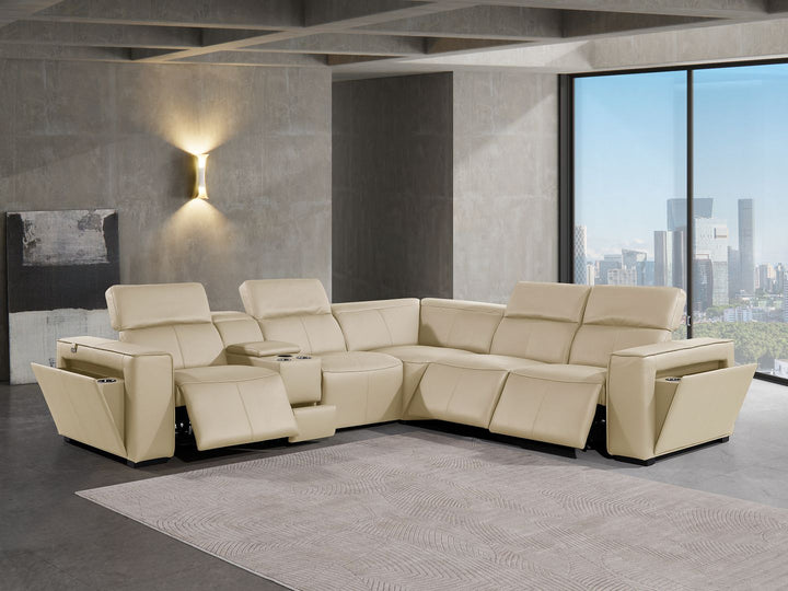 DivanItalia 1224 6-Piece L-Shaped Sectional Sofa in Top Grain Italian Leather with 3 Power Recliners &amp; Power Headrests - Beige