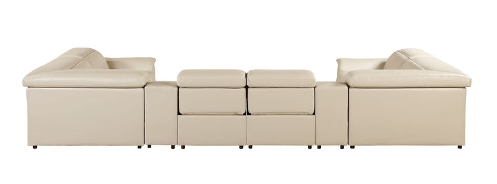 DivanItalia 9762 8-Piece U Shaped Top Grain Italian Leather Sectional Sofa with 4 Power Recliners – with Console - Beige