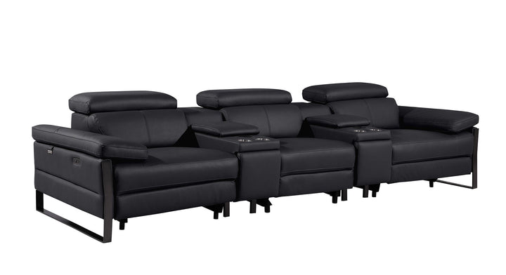 DivanItalia 1246 Modular Power Reclining Dual Console Sofa and Console Loveseat Set with Power Headrests – Top Grain Italian Leather - Black