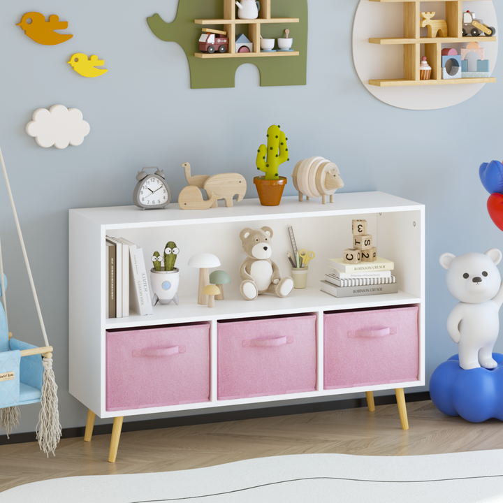 modern-kids-bookcase-with-collapsible-fabric-drawers-childrens-book-display-toy-storage-white-pink-mdf-pine-legs